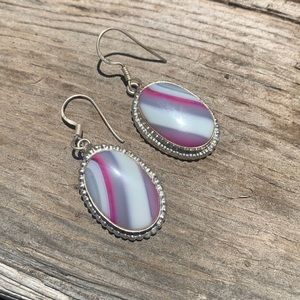 Vintage pink grey & white Agate 9.25 silver earrings